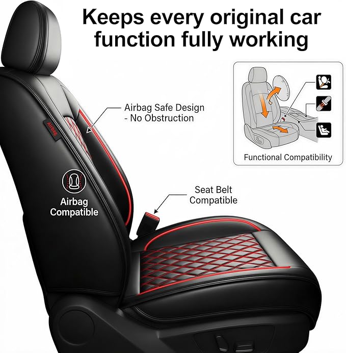 Fit Ioniq Car Seat Covers for Hyundai Ioniq 2017-2026 - Premium Leather, Waterproof, All-Weather, Airbag Compatible, Anti-Slip, Breathable, Easy Install, Seat Protectors, Full Set, Redline