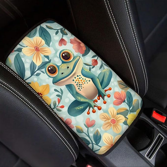 Auto Center Console Cover Pad for SUV,Truck,Car, Frog Floral Car Armrest Seat Box Cover, Auto Armrest Protector Car Accessories for Women Men