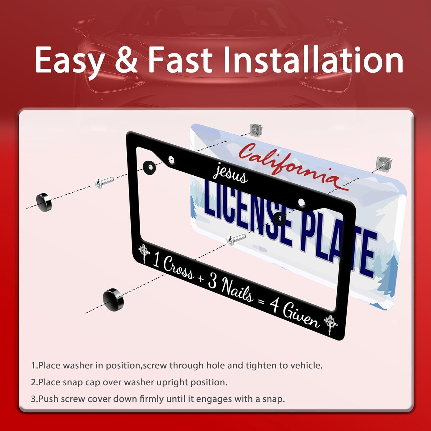 Personalized License Plate Frame Jesus 1 Cross + 3 Nails = 4 Given Stainless Steel Accessory Holder Funny Car Decorative 2 Holes Screws Fits Us Standard License Plates 12.2 X 6.3 in for Men Women