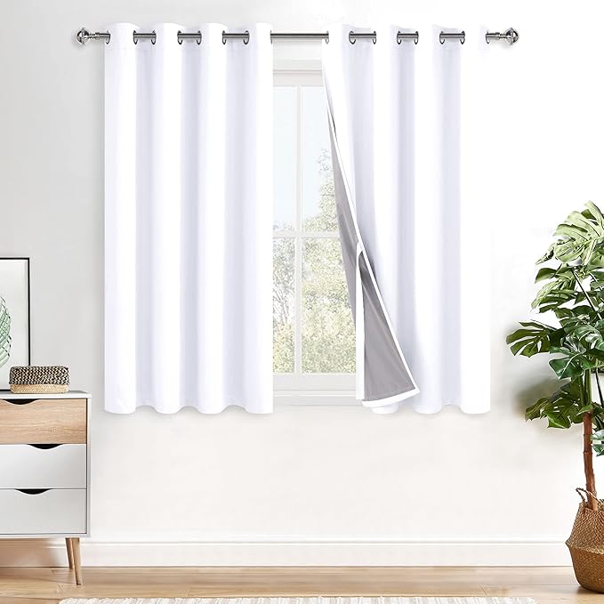 XWZO 100% Blackout Curtains with Tiebacks- 2 Thick Layers Completely Shaded Window Treatment Thermal Insulated Lined Drapes with Grommets for Bedroom/Laundry Room, White, W52 x L45, Set of 2 Panels