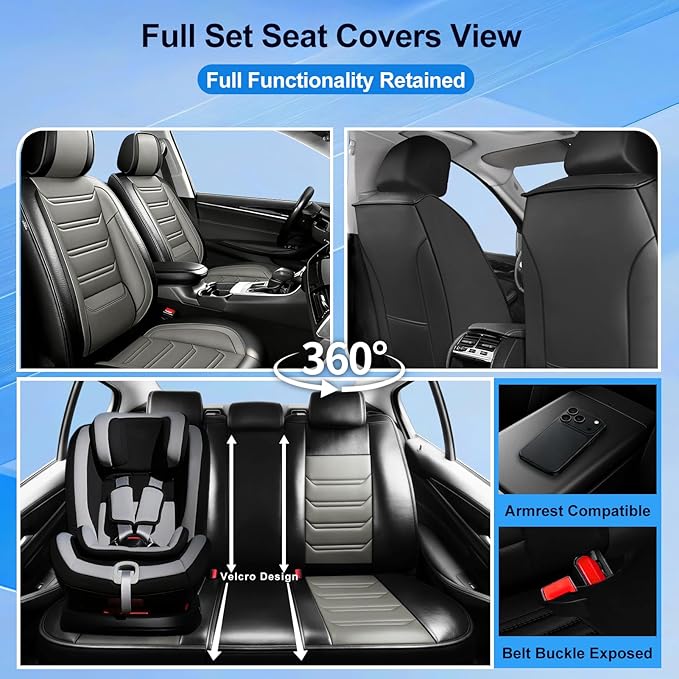 Fit CX-5 Car Seat Covers for Select Mazda CX5 2013-2024 2025 2026 - Premium Full Coverage Leather, Airbag Compatible, Waterproof & All Weather Seat Protector, Front Pair Black+Gray