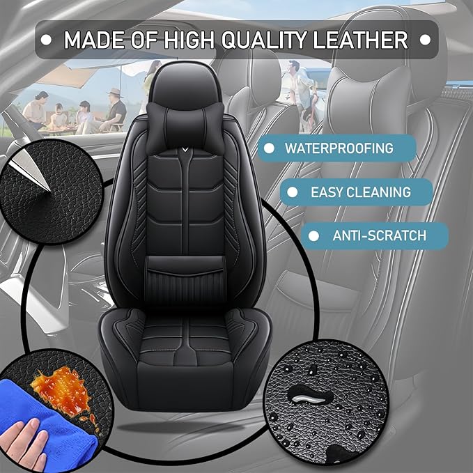 Leather Car Seat Covers Fit for Toyota Corolla 1997-2024, 5 Seater Car Seat Cover, Premium Waterproof, Scratch Resistant Car Interior Accessories (Full Set with Pillow Black)