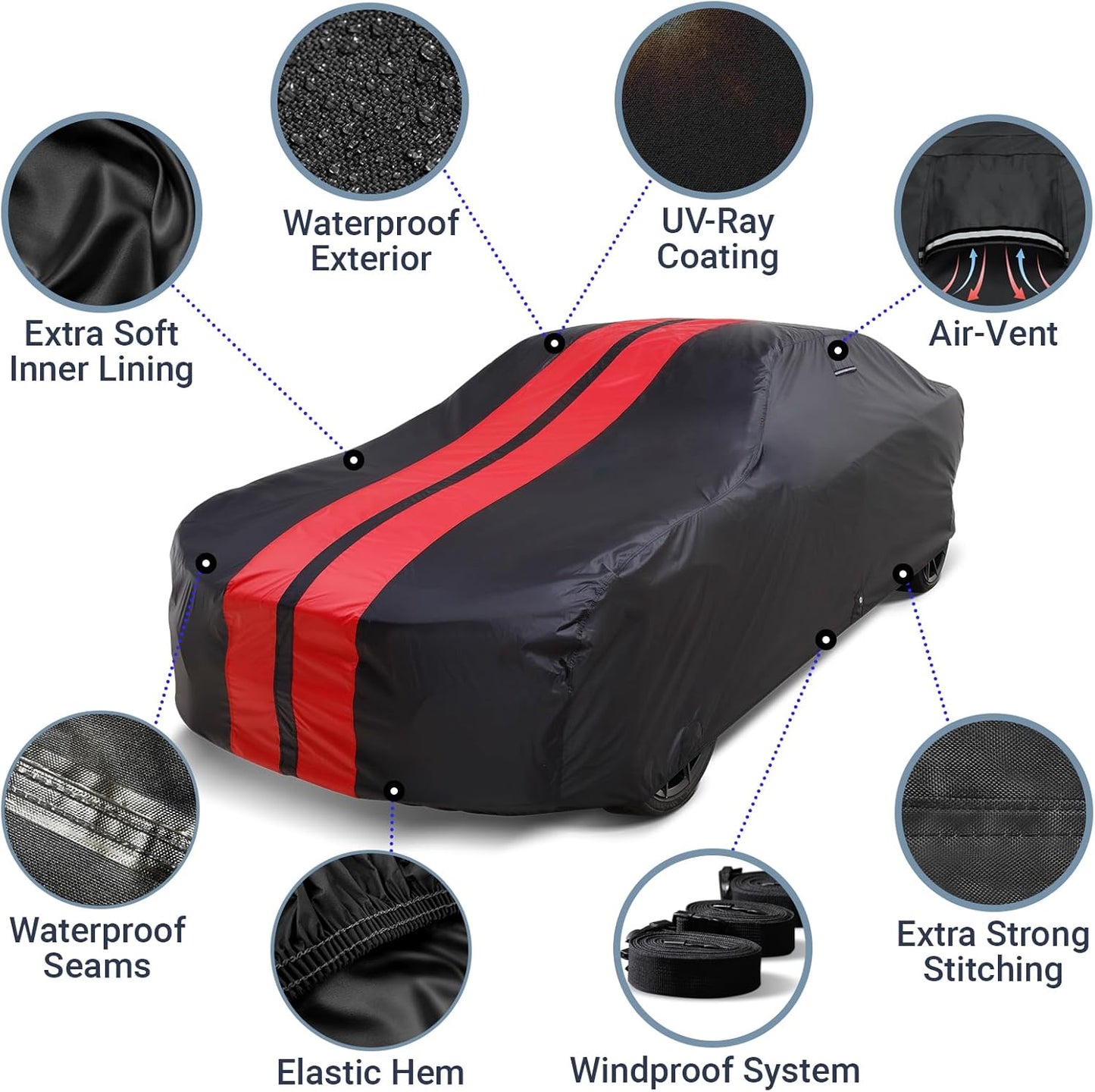 iCarCover Custom Car Cover for Buick Reatta (1988-1991) Waterproof All-Weather Rain Snow UV Sun Protector Full Exterior Indoor Outdoor Car Cover (Stripe - Black/Red)