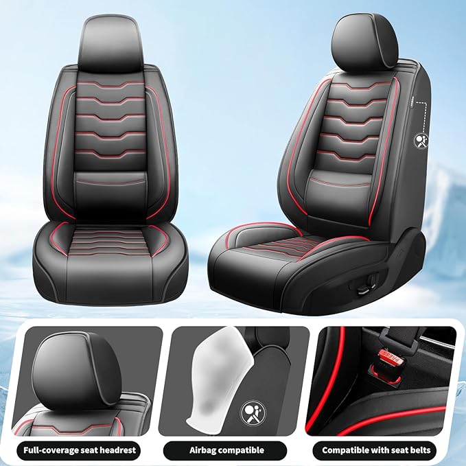 Fit Tucson Car Seat Covers Premium Leather for Hyundai Tucson 2010-2025 2026. Waterproof， Breathable, Scratch-Resistant & All-Weather Seat Cushion Protector (Front Seat, Red Line Black)