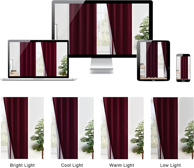 XWZO 100% Blackout Window Curtains - Thermal Insulated & Noise Reduction Black Liner Ring Top Window Treatment Sewn with Tiebacks for Bedroom/Living Room, Burgundy, W52 x L54, Set of 2