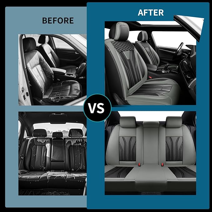 Fit Kona Car Seat Covers for Select Hyundai Kona 2018-2025 2026. Premium Leather, Waterproof， Breathable, Scratch-Resistant & All-Weather Seat Cushion Protector (Full Set, Gray&Black)