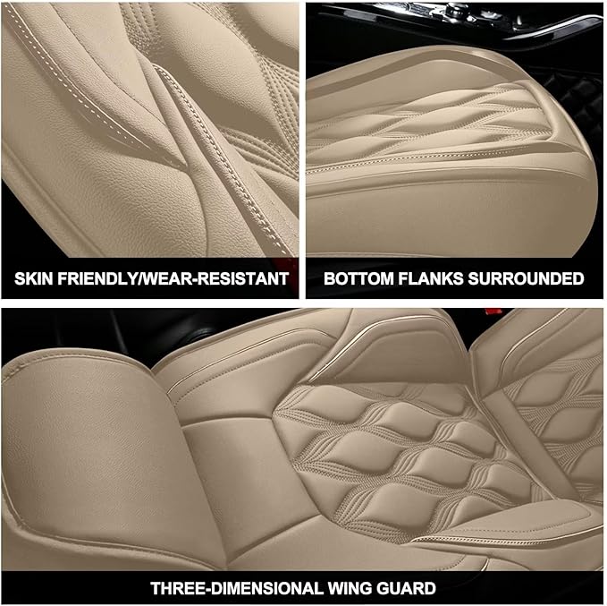 AOMSAZTO Car Seat Covers Full Set Fit for Honda Civic 2003-2015 Waterproof Faux Leather Car Seat Cushions Automotive 5 Seat Covers Set（Beige）