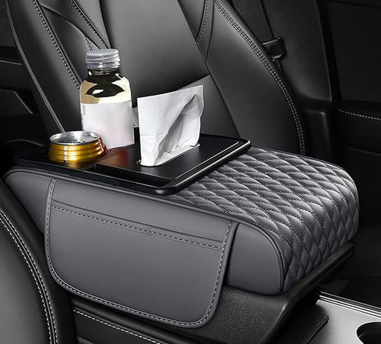 Car Armrest Center Console Cover for Audi Q3 2015–2025, Center Console Pad with Cup Holder, Multifunctional Armrest Cushion,D Grey