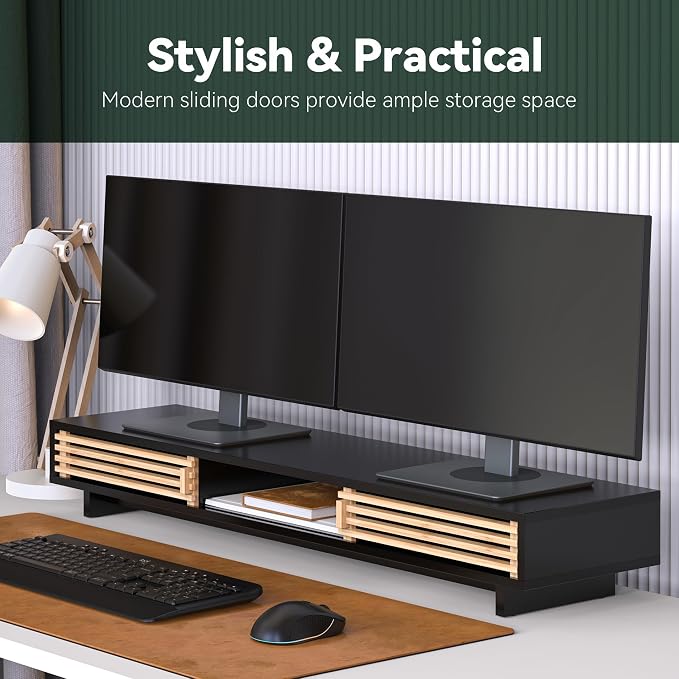 Dual Monitor Stand Riser with Sliding Door, Double Computer Laptop Stand Desk