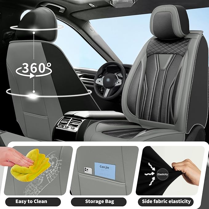 Fit Accord Car Seat Covers Premium Leather for Honda Accord 2012-2025 2026. Waterproof， Breathable, Scratch-Resistant & All-Weather Seat Cushion Protector（Front Seat,Gray&Black
