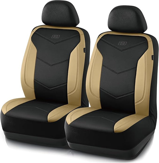 Skechers Memory Foam Seat Covers,Leather Car Seat Covers, Ultimate Comfort & Support Front Seat Covers Airbag Compatible, Automotive Universal Fit Most for SUVs, Vans, Sedans, Cars, Trucks,Beige