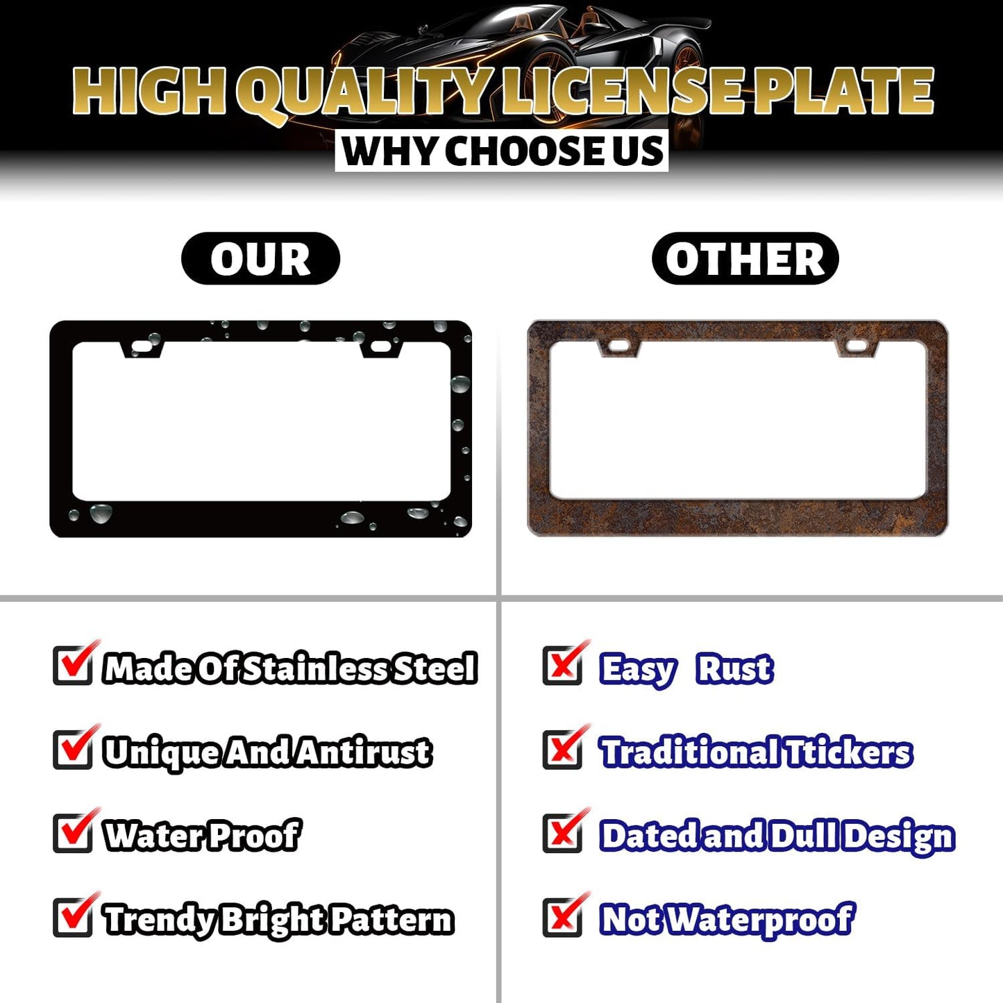 Patriotic Eagle License Plate Frame American Flag Eagle License Plate Holder Stainless Steel Colorful Car Accessories Decoration 6.3" X 12.3" with 2Holes Screws