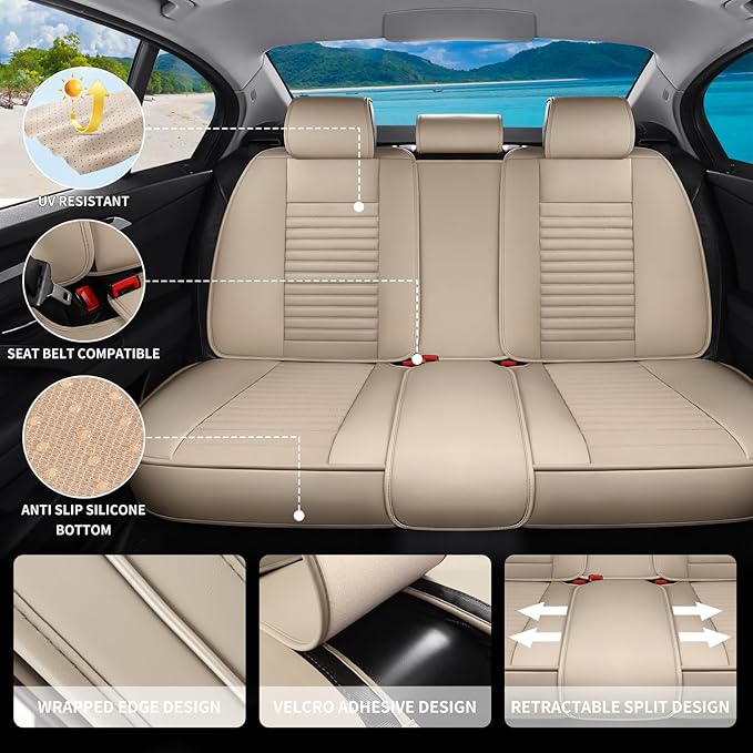 Car Seat Covers Full Set Fit for Toyota Yaris 2007-2020, Premium Faux Leather Car Seat Protector,Breathable Anti-Slip Full Wrapping Edge Seat Covers(Beige,Full Set)