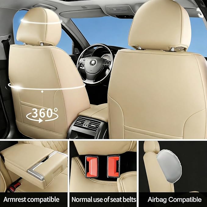 Fit Ioniq Car Seat Covers for Hyundai Ioniq 2017-2026 - Premium Leather, Waterproof, All-Weather, Airbag Compatible, Anti-Slip, Breathable, Easy Install, Seat Protectors, Full Set, Beige