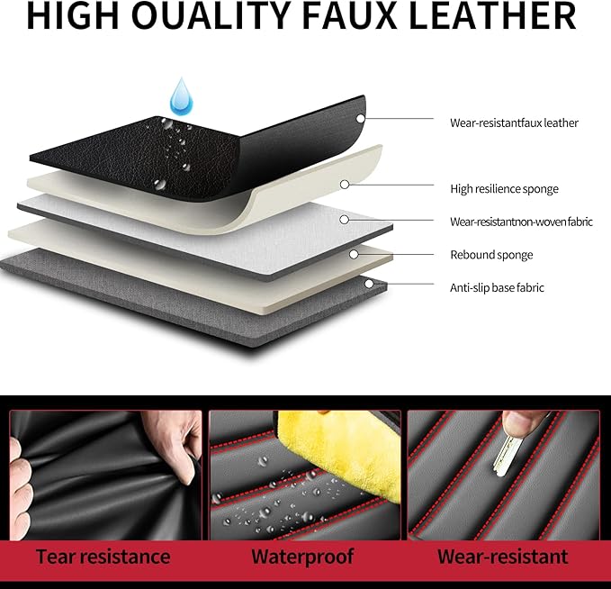 Fit Prius Car Seat Covers for Toyota Prius 2001-2024 2025 2026 - Upgraded Premium Waterproof & Breathable Leather, Airbag Compatible, All-Weather Seat Cushion Protector (Full Set, Black+Red)