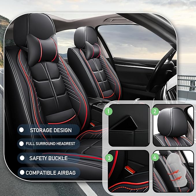 Leather Car Seat Covers Fit for Toyota RAV4 EV 2012-2013, 5 Seater Car Seat Cover, Premium Waterproof, Scratch Resistant Car Interior Accessories (Full Set with Pillow Black Red)