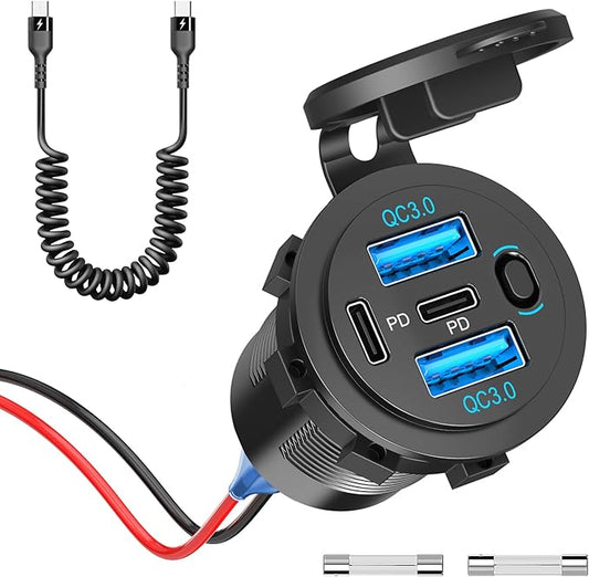12V USB C Outlet 90W 4 Ports Car Charger Socket, Dual PD 36W and Dual QC 18W Car USB Port 12V Charger with Button Switch and C to C Cable, Suitable for Boat Marine Bus Truck Golf RV Motorcycle