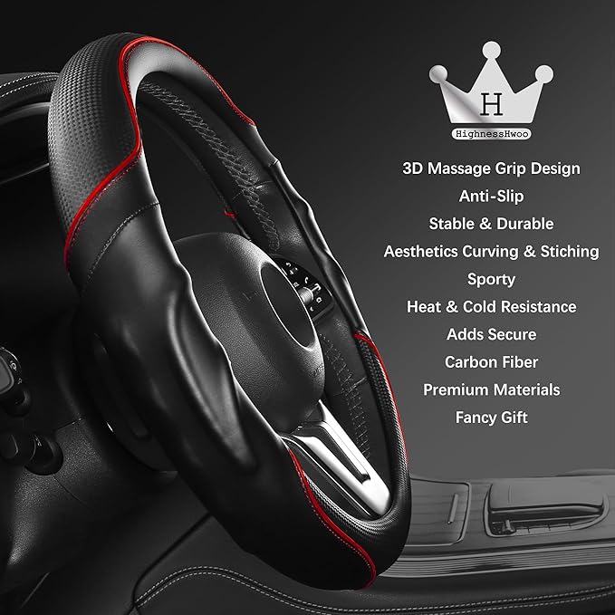 3D Car Steering Wheel Cover Comfort Grip Massage Sporty Anti-Slip Carbon Fiber Faux Leather for F150, Trucks, Jeep, Van, Car Handle Covers for All Seasons, 15.2-16in, Red