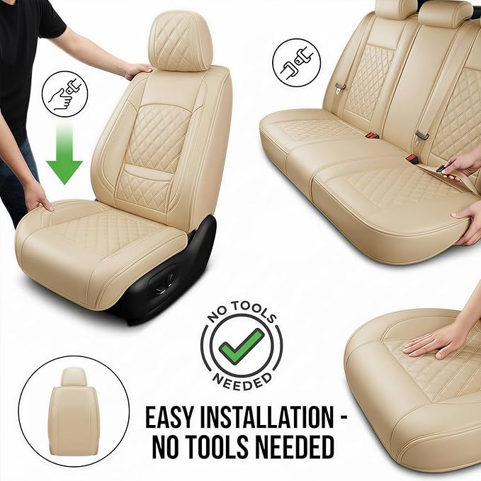 Fit TLX Car Seat Covers for Acura TLX 2014-2025 2026 - Premium Leather, Waterproof, All-Weather, Airbag Compatible, Anti-Slip, Breathable, Easy Install, Seat Protectors, Full Set, Beige