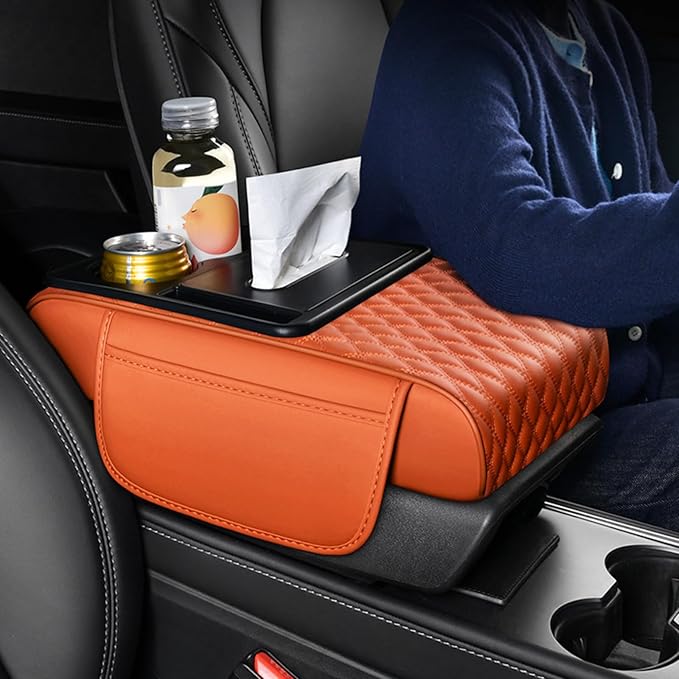 Car Center Console Armrest Pad, Arm Rest Box Cushion with Ergonomic Height Boost, Storage Pockets, Built-in Tissue Box, Cupholder, Fit for Most Sedan Vehicles (Embroidery Water Ripple, Beige)