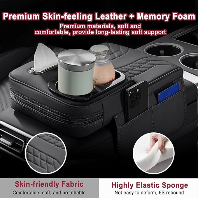 Car Armrest Storage Box for Cadillac XT4 2018–2025 2020 2021 2022 2023 2024, Sport-Style Center Console Organizer with Side Pocket, PU Leather Armrest Cushion, Elbow Support Pad,A Black