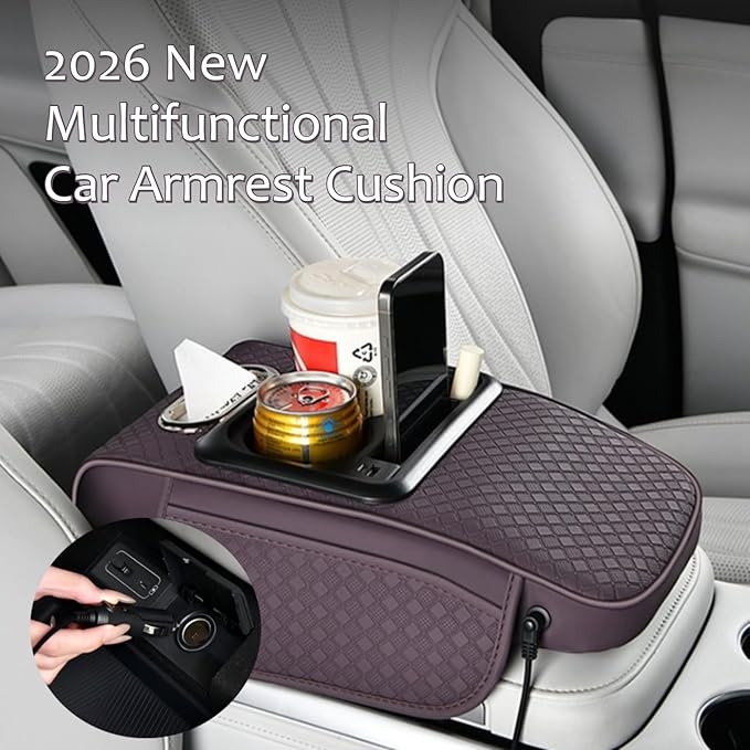 2026 Enhanced Car Center Console Armrest Cushion with USB& Type-C Charging, PU Leather Console Pad with Cup Holders, Storage& Tissue Outlet for Most Vehicles (Sloped Version, Grey)
