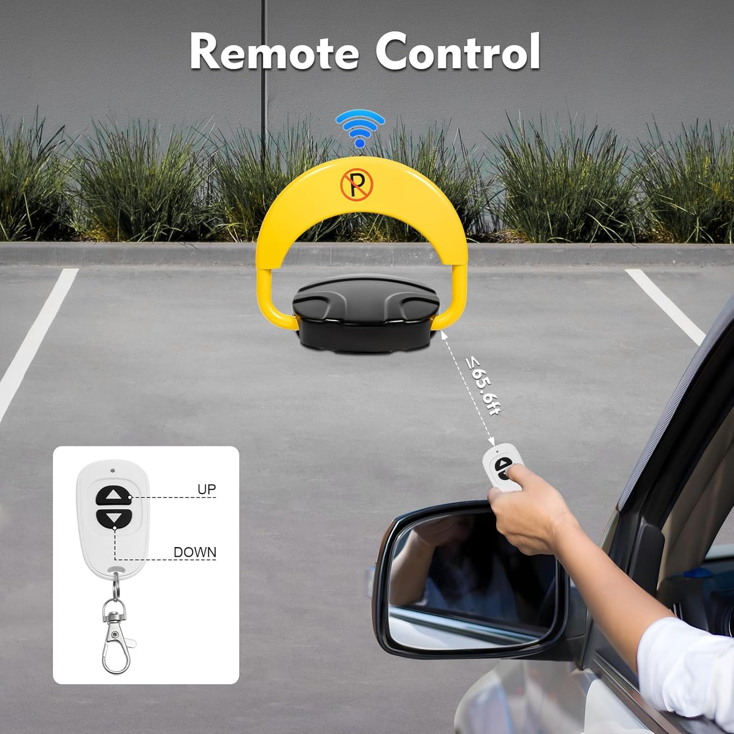 65.6FT Automatic Remote Control Parking Spot Lock, Yellow Parking Barrier Waterproof, Parking Spot Blocker with 180 ° Rotating Rocker Arm, Withstand Up to 4410 lbs(Battery Not Included)