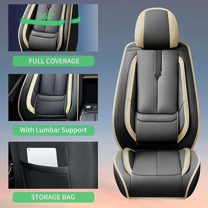 Fit Kona Car Seat Covers for Hyundai Kona 2018-2024 2025 2026 -Upgraded Premium Waterproof & Breathable Leather,Airbag Compatible,All-Weather Seat Cushion Protector,Full Set,Black-Beige
