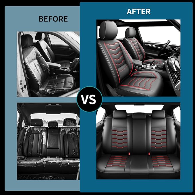 Fit CRV Car Seat Covers Premium Leather for Honda CRV cr-v 2011-2025 2026. Waterproof， Breathable, Scratch-Resistant & All-Weather Seat Cushion Protector (Front Seat,Red Line Black)