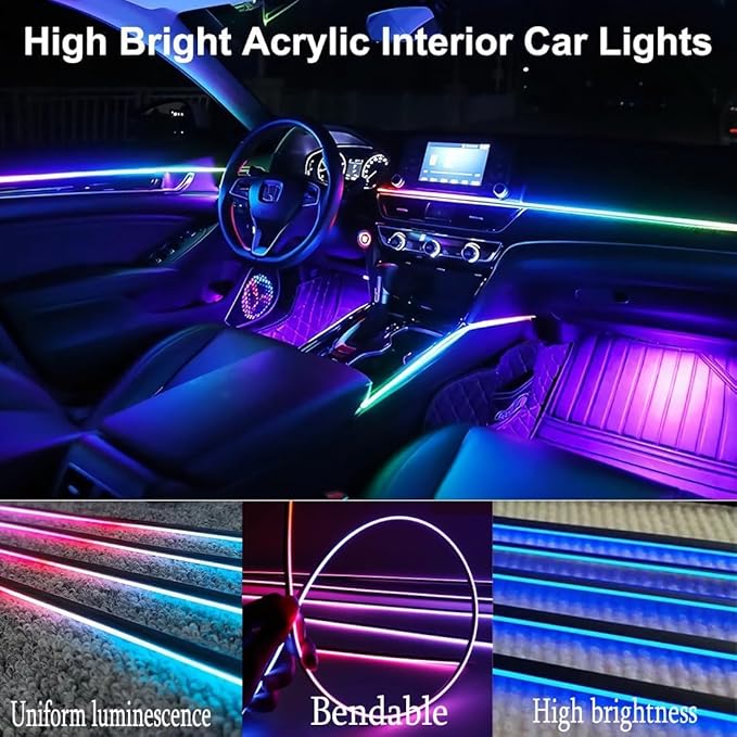 Acrylic Interior Car LED Strip Light with APP Remote Control,175 inches 10 in 1 RGB Dreamcolor Neon Strip Fiber Optic LED Ambient Lighting Kits,RGB Music Lights Sync for Inside car Decorations