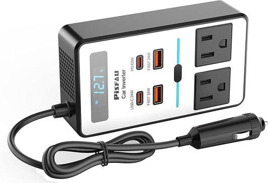 200W Car Power Inverter DC 12V to 110V AC,Cigarette Lighter Adapter Plug with [65W USB-C]/USB-Fast Charger 24W/Multiple USB/Laptop car Charger with Voltage Display