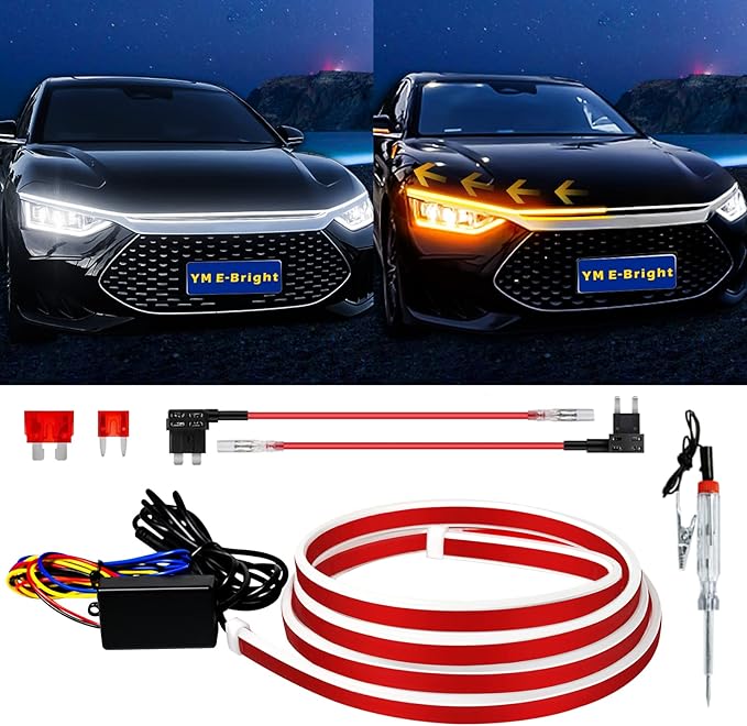 Sequential Turn Signal Light Strip Dynamic Scan Start Up Led Hood Lights Flexible DRL Daytime Running Light for Car,Truck,SUV,Dual Color White Amber Flowing Switchback 12V 94inch/240CM (1Set)