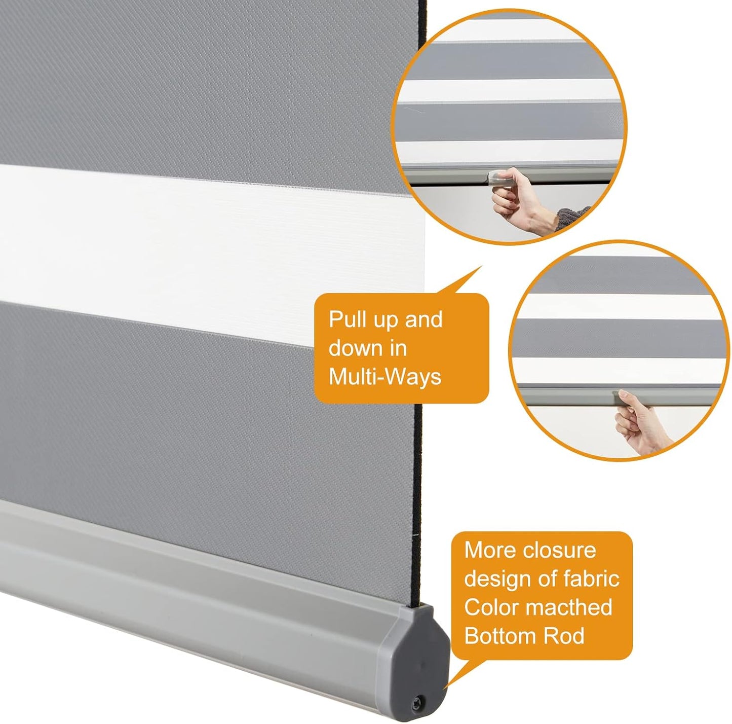 Persilux Cordless Zebra Blinds for Windows (46" W X 64" H, Grey) Free-Stop Windows Shades Dual Layer Light Control for Day and Night, Light Filtering Sheer Shades for Home, Easy to Install
