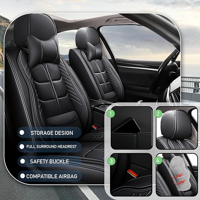 Leather Car Seat Covers Fit for Toyota RAV4 Prime 2021-2024, 5 Seater Car Seat Cover, Premium Waterproof, Scratch Resistant Car Interior Accessories (Full Set with Pillow Black)