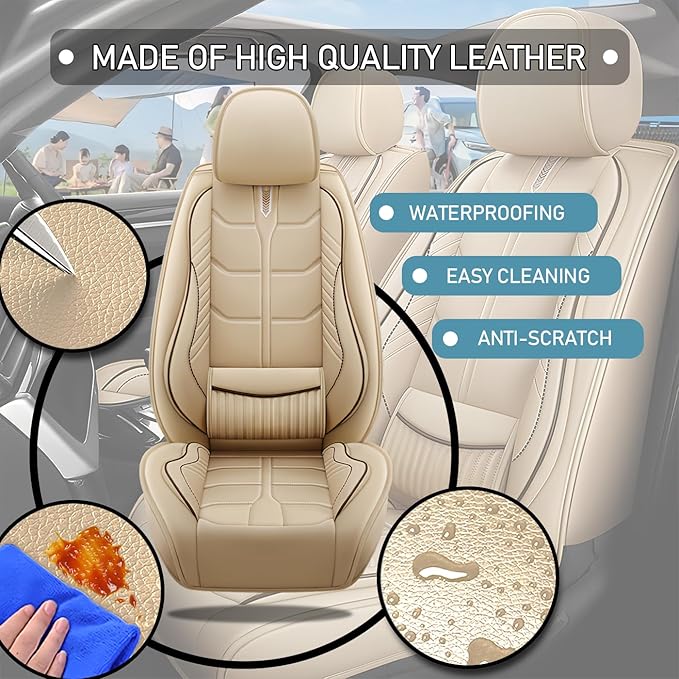 Leather Car Seat Covers Fit for Toyota Avalon 1996-2024, 5 Seater Car Seat Cover, Premium Waterproof, Scratch Resistant Car Interior Accessories (Full Set Beige)