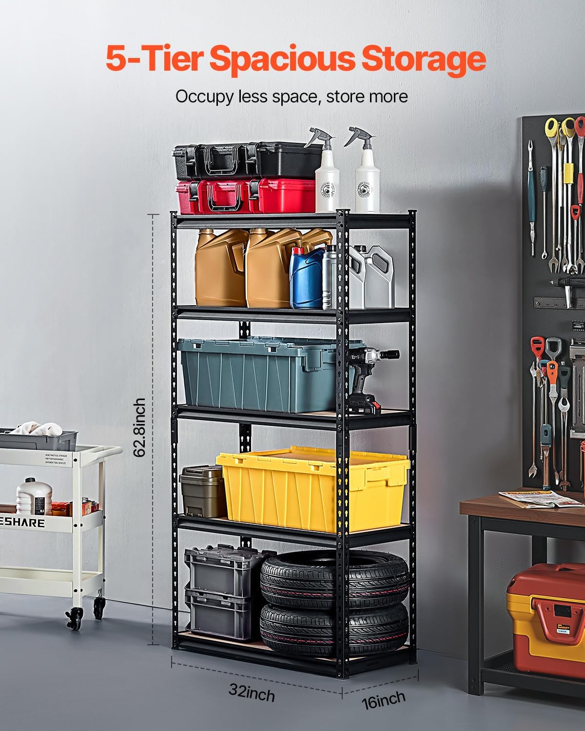 VEVOR Storage Shelves, 2000 lbs, 5 Tier Garage Storage Shelving, 16" D x 32" W x 62.8" H Adjustable Metal Shelves for Garage Shelves Utility Rack Shelf, Ideal for Kitchen, Warehouse, Basement, Black