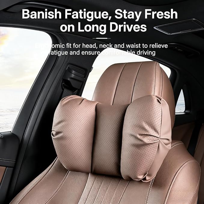 Car Neck Pillow & Lumbar Support for Lexus RZ 550e F Sport 2026+ Ergonomic Breathable Mesh Auto Seat Back Cushion Headrest,Brown-Neck & Lumbar Set