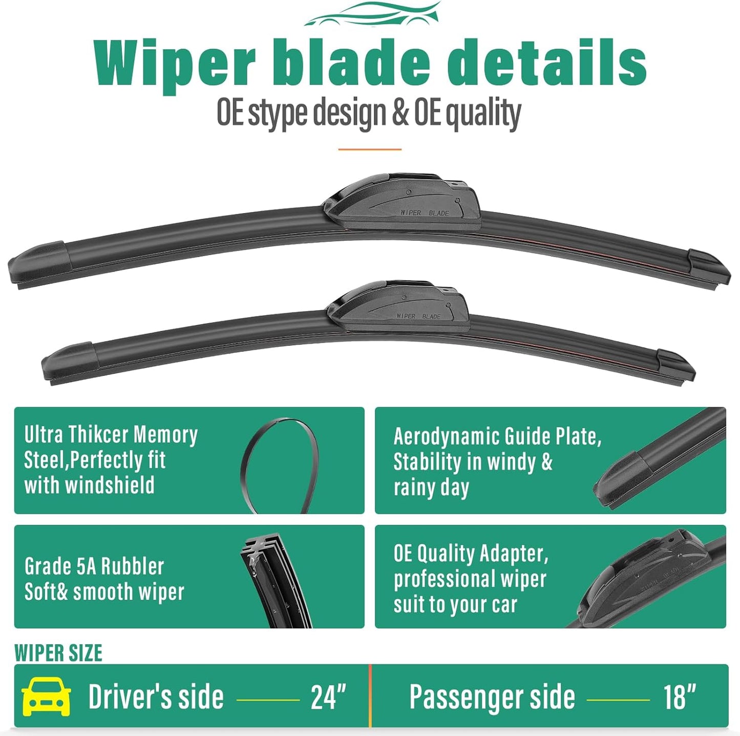 24" 18" 10" Windshield Wiper Blades Replacement for Jeep Compass 2018 2019 2020 2021 2022 Premium All Weather Front Rear Wipers Set - OEM Quality (Pack of 3)