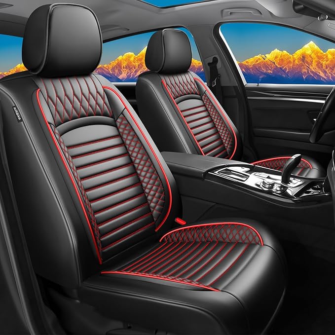 Fit Santa Fe Car Seat Covers for Hyundai Santa Fe 2007-2025 2026 - Upgraded Premium Waterproof & Breathable Leather, Airbag Compatible, All-Weather Seat Cushion Protector(2 Front/Black+Red)