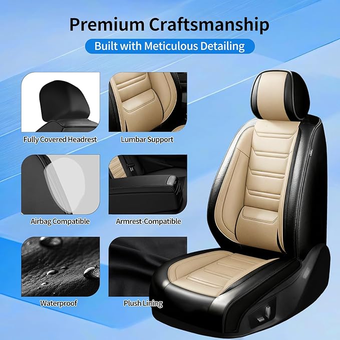 Fit Impala Car Seat Covers for Chevrolet/Chevy Impala 2000-2020, Premium Full Coverage Leather, Airbag Compatible, Waterproof All Weather Breathable Seat Protector, Front Pair Black+Beige