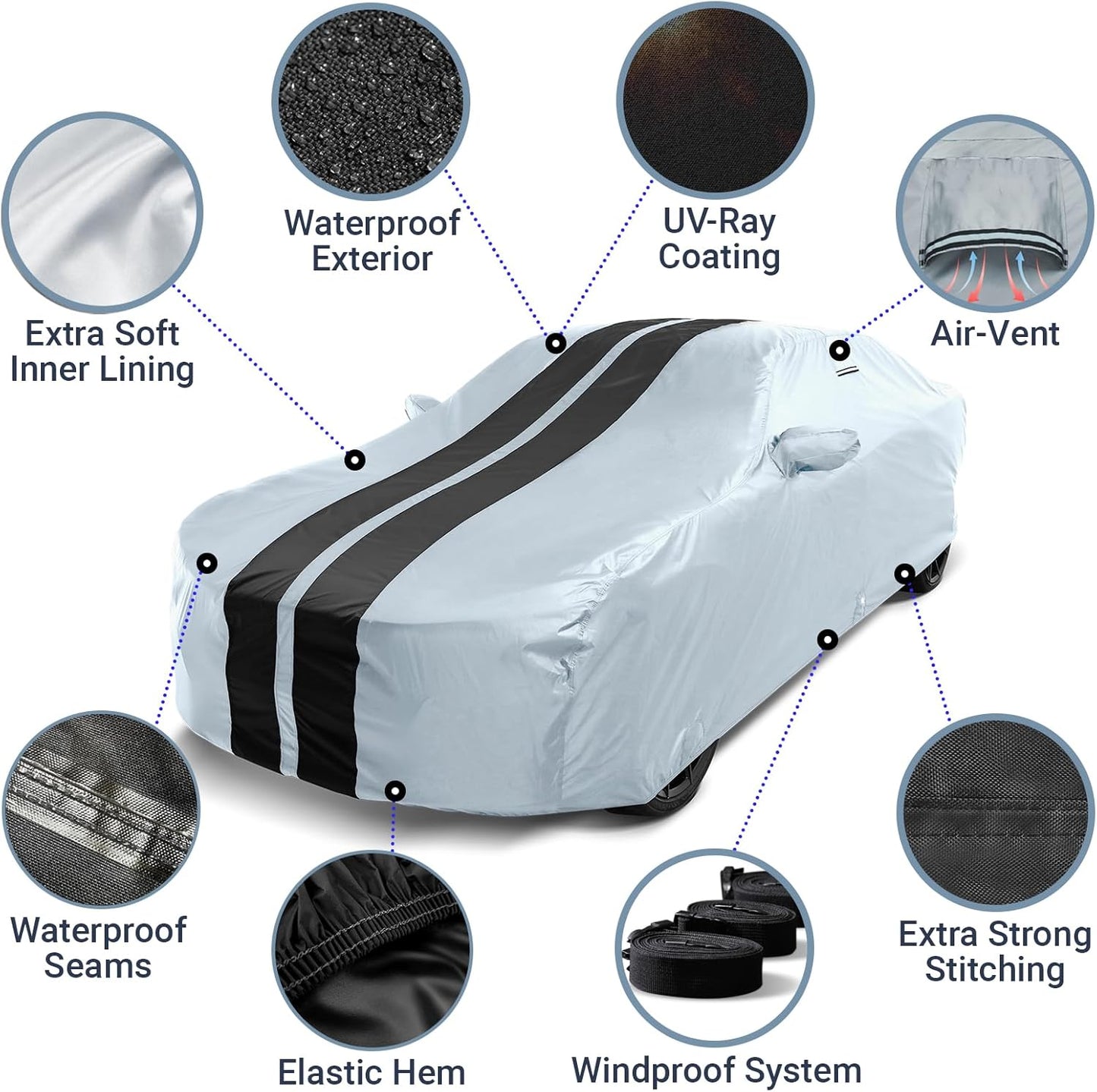 iCarCover Custom Car Cover for Pontiac Lemans Sedan (1988-1993) Waterproof All-Weather Rain Snow UV Sun Protector Full Exterior Indoor Outdoor Car Cover (Stripe - Gray/Black)