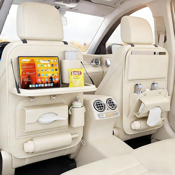 Universal Premium Leather Foldable Car Backseat Organizer with Table Tray, Car Seat Back Protector with Garbage Bag Touch Screen Pad Holder, Car Kick Mats Protector with Tissue Holder (Beige)