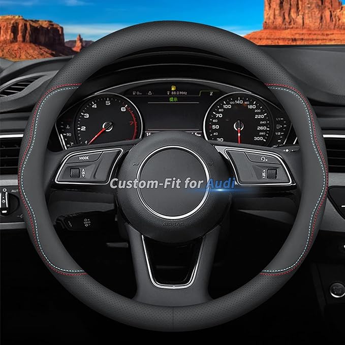 Custom-Fit for Audi Steering Wheel Cover, Premium Leather Car Cover with Logo, Non-Slip, Breathable, Accessories (A-Style,for Audi)
