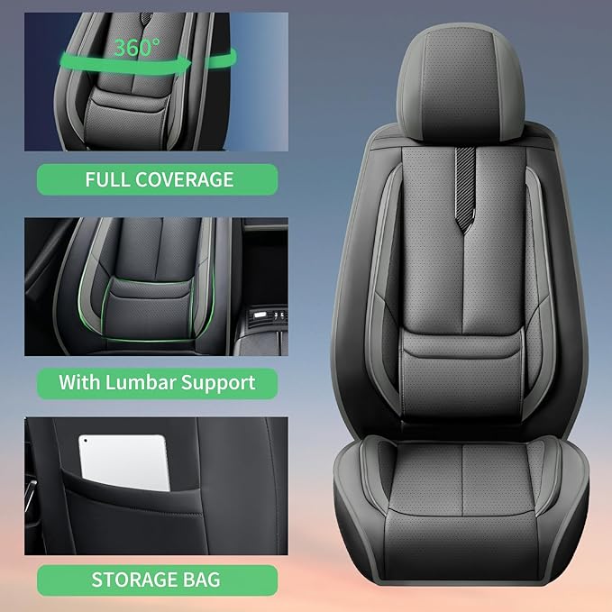 Fit Equus Car Seat Covers for Hyundai Equus 2011-2014 2015 -Upgraded Premium Waterproof & Breathable Leather,Airbag Compatible,All-Weather Seat Cushion Protector,2 Front/Black-Grey