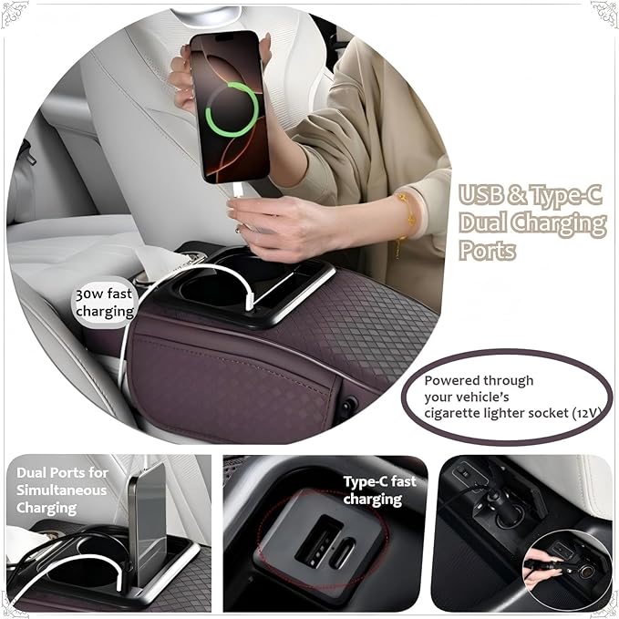 2026 Enhanced Car Center Console Armrest Cushion with USB& Type-C Charging, PU Leather Console Pad with Cup Holders, Storage& Tissue Outlet for Most Vehicles (Flat Version, Beige)