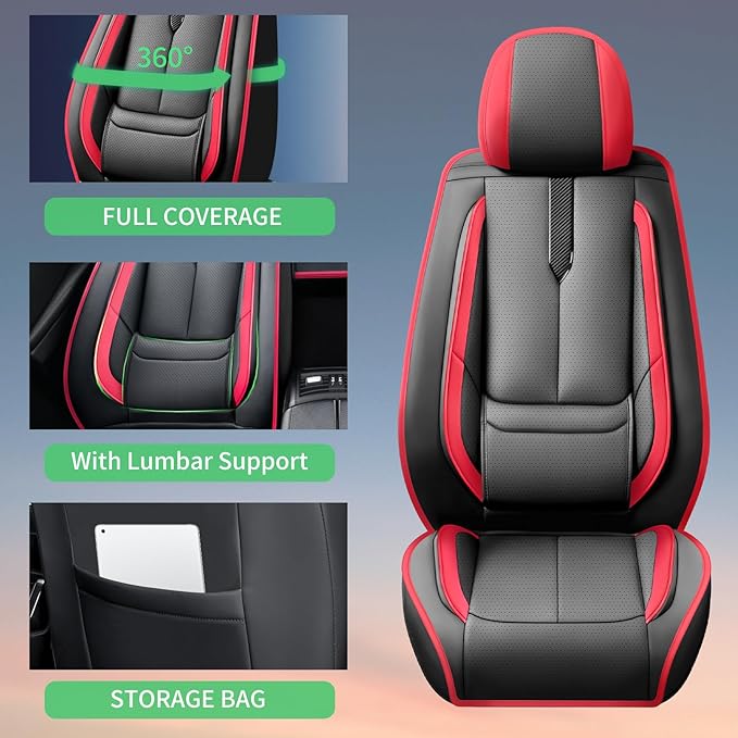 Fit Honda Fit Car Seat Covers for Honda Fit 2007-2019 2020-Upgraded Premium Waterproof & Breathable Leather,Airbag Compatible,All-Weather Seat Cushion Protector,2 Front/Black-Red