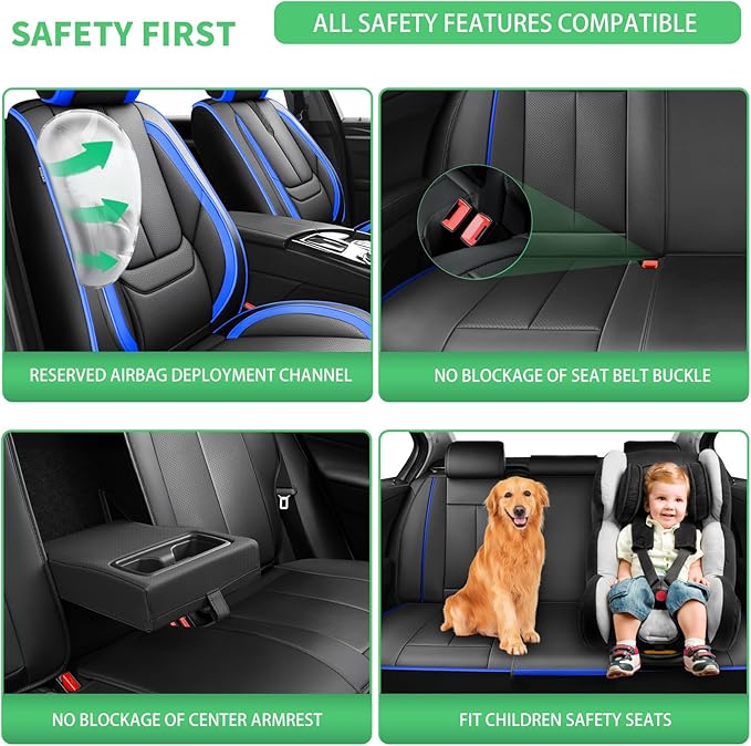 Fit Prius Car Seat Covers for Toyota Prius 2001-2024 2025 2026 -Upgraded Premium Waterproof & Breathable Leather,Airbag Compatible,All-Weather Seat Cushion Protector,Full Set,Black-Blue