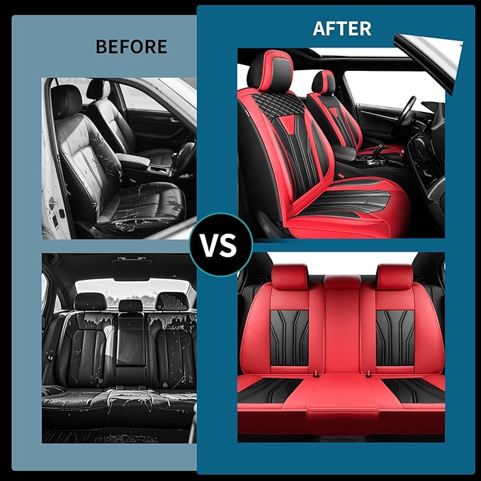 Fit Prius Car Seat Covers for Toyota Prius 2001-2025 2026 -Full Set Premium Leather, Waterproof, Breathable，All-Weather Seat Cushion Protecto & Airbag Compatible, 5-Seats Red & Black