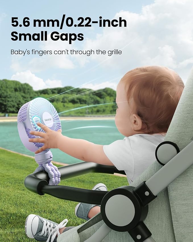 Gaiatop Mini Electric Fan with 360 Rotation, 5.5mm Gaps, Rechargeable Battery, 3 Speeds, Purple