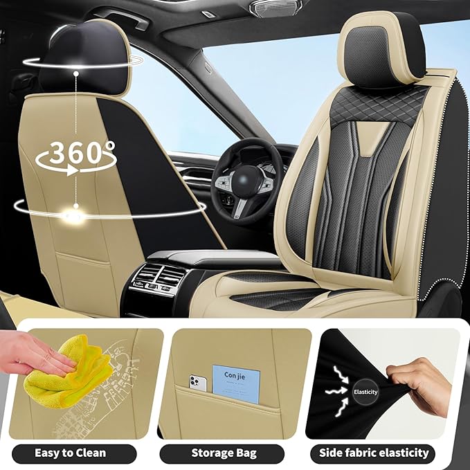 Fit Accord Car Seat Covers Premium Leather for Honda Accord 2012-2025 2026. Waterproof， Breathable, Scratch-Resistant & All-Weather Seat Cushion Protector（Front Seat,Beige&Black